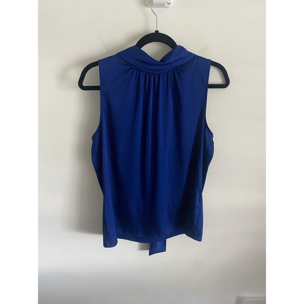 White House Black Market Sleeveless Royal Blue Drape Neck Tie Blouse Top‎